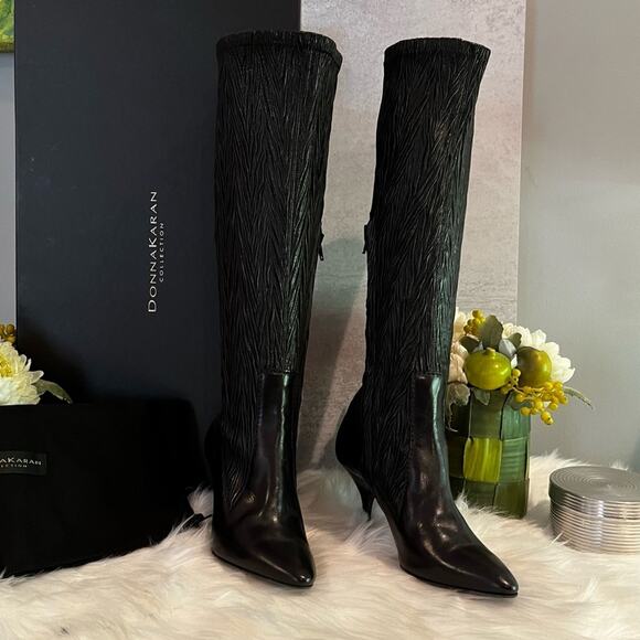 NEW Donna Karan Collection Waxed Calf Leather Laser Ribbed Boot Black Sz 36/6 … - Picture 10 of 16